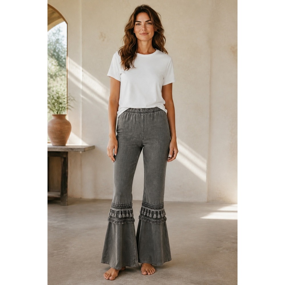 Chatoyant Flare Leg Pants Womens L Gray Tassel Trim Mineral Wash Boho Festival